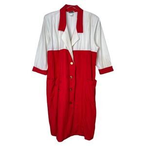 Vintage 80s Colorblock Midi 3/4 Sleeve Career Shirt Dress FLAW Red White 15/16
